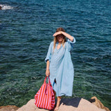 Jetzt im Löffelhase erhältlich: ROSE IN APRIL Einkaufstasche, Handtasche Damen, Tasche, Strandtasche, Shopper, Strandtasche, Damentasche  «streifen orchidee tomate», 34x50x62cm